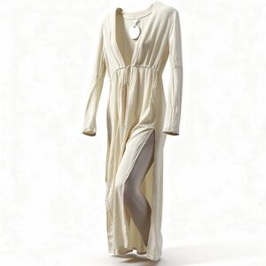 Tori Praver Cream Metallic Stripe Long Sleeve Maxi Swim Cover Up
